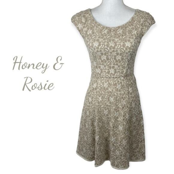 Honey And Rosie Embroidered Cream & Tan‎ Lace w/Sequins Party Event Dress Size 1 - Picture 2 of 13